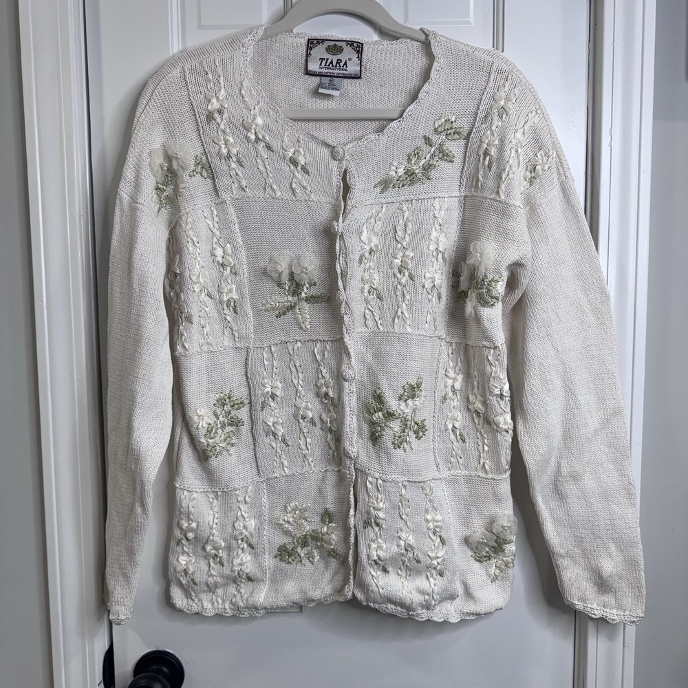 Tiara International Floral Ribbon Cardigan Sweater Cottagecore Womens M